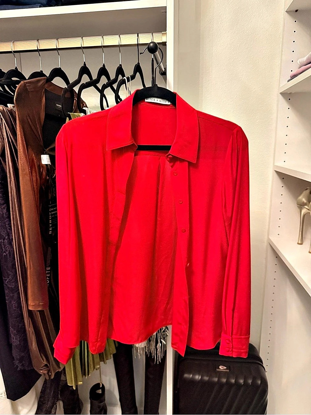 alice + olivia Red Button Front Silk Shirt Like New